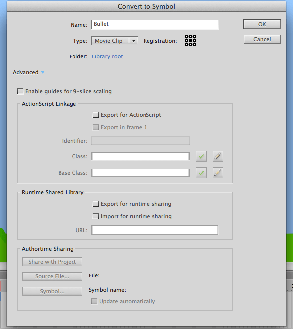 Advanced mode control panel for converting the bullet to a movie clip